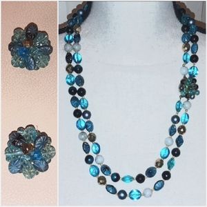 German Demi Parure Beaded Necklace & Earring Set, Vintage Blue Costume Jewelry